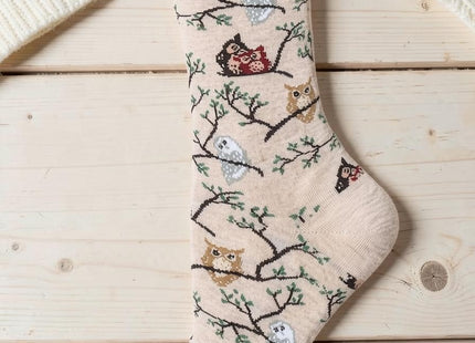 Women's Owls Bamboo Crew Socks 9-11 in a styled lifestyle setting with Seasonal Maine logo watermark