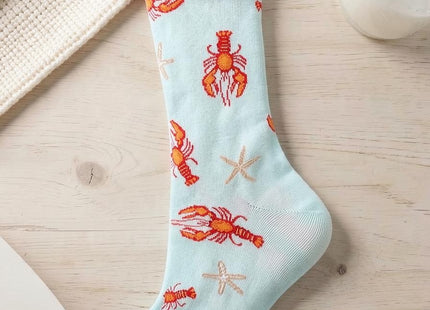Lobsters Bamboo Crew Socks 9-11 in a styled lifestyle setting with Seasonal Maine logo watermark