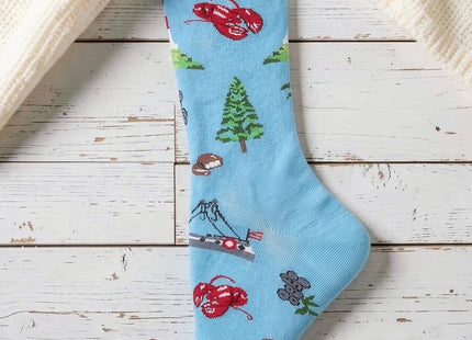 Maine Bamboo Crew Socks 9-11 in a styled lifestyle setting with Seasonal Maine logo watermark
