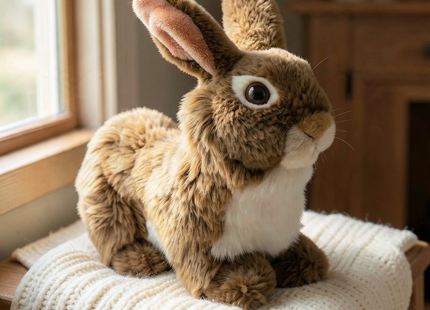 Brigid the Brown Rabbit – 10" Stuffed Animal Plush in a styled lifestyle setting with Seasonal Maine logo watermark