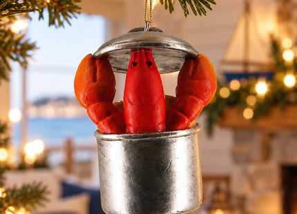 Lobster Pot 3" Christmas Ornament in a cottage lifestyle setting with Seasonal Maine logo