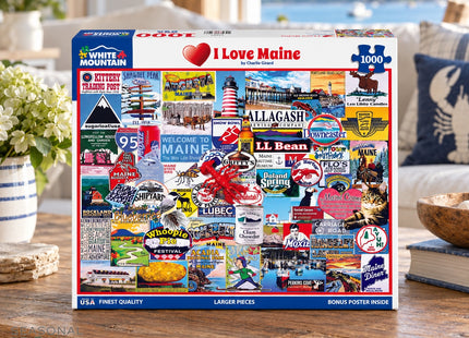 I Love Maine (1306pz) - 1000 Piece Jigsaw Puzzle in a Maine cottage setting. Seasonal Maine logo.