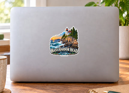 Bass Harbor Head Lighthouse Maine Vinyl Sticker – 3 Inch shown on a laptop in a styled setting, with Seasonal Maine logo. Includes sticker only.