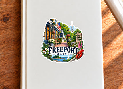 Freeport Main Street Maine Vinyl Sticker – 3 Inch shown on a notebook in a styled setting, with Seasonal Maine logo. Includes sticker only.