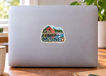 Maine Lobster Shack and Fishing Boat Vinyl Sticker – 3 Inch shown on a laptop in a styled setting, with Seasonal Maine logo. Includes sticker only.