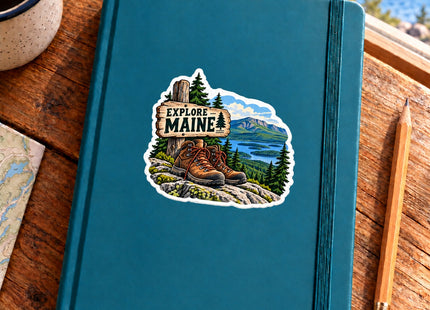 Explore Maine Hiking Boots Vinyl Sticker – 3 Inch shown on a notebook in a styled setting, with Seasonal Maine logo. Includes sticker only.