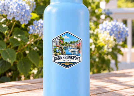 Kennebunkport Maine Harbor Badge Vinyl Sticker – 3 Inch shown on a water bottle in a styled setting, with Seasonal Maine logo. Includes sticker only.