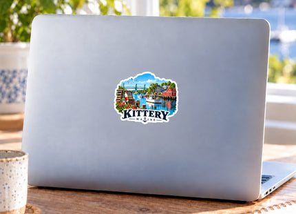 Kittery Maine Harbor Vinyl Sticker – 3 Inch shown on a laptop in a styled setting, with Seasonal Maine logo. Includes sticker only.