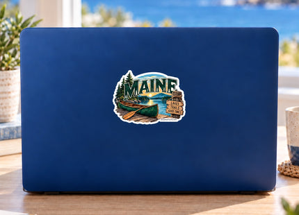 Maine Lakes, Trails & Good Times Vinyl Sticker – 3 Inch shown on a laptop in a styled setting, with Seasonal Maine logo. Includes sticker only.