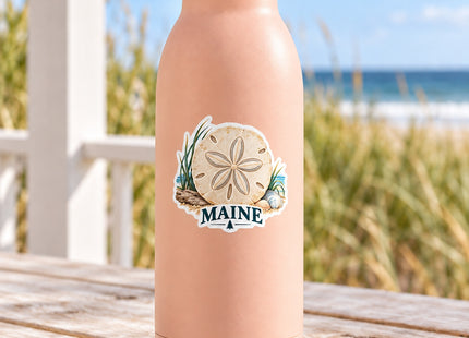Maine Sand Dollar and Seashells Vinyl Sticker – 3 Inch shown on a water bottle in a styled setting, with Seasonal Maine logo. Includes sticker only.