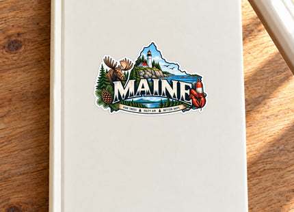 Maine Pine Trees, Salty Air & Better Days Vinyl Sticker – 3 Inch shown on a notebook in a styled setting, with Seasonal Maine logo. Includes sticker only.