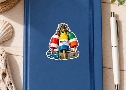 Maine Lobster Buoys Vinyl Sticker – 3 Inch shown on a notebook in a styled setting, with Seasonal Maine logo. Includes sticker only.