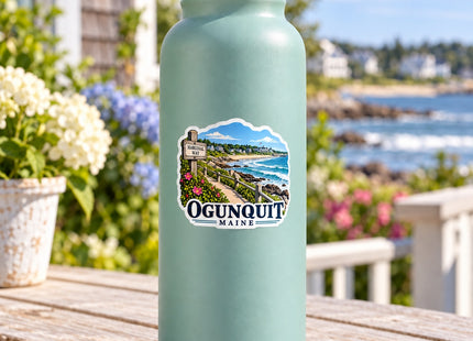 Ogunquit Maine Marginal Way Vinyl Sticker – 3 Inch shown on a reusable water bottle in a styled setting, with Seasonal Maine logo. Includes sticker only.