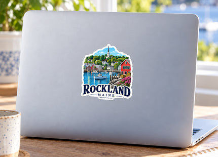 Rockland Maine Harbor Vinyl Sticker – 3 Inch shown on a laptop in a styled setting, with Seasonal Maine logo. Includes sticker only.