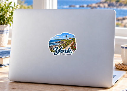 York Maine Lighthouse Coast Vinyl Sticker – 3 Inch shown on a laptop in a styled setting, with Seasonal Maine logo. Includes sticker only.