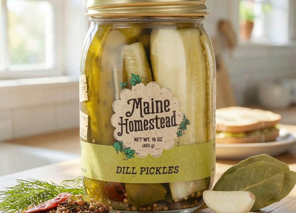 Maine Homestead Dill Pickle Spears in a styled kitchen or cottage setting with Seasonal Maine logo watermark