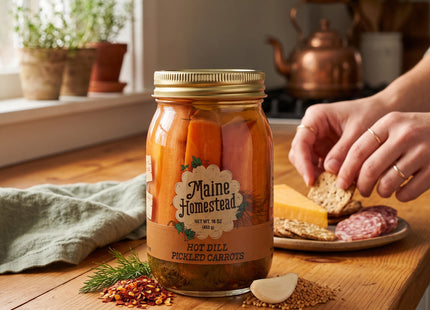 Maine Homestead Hot Dill Pickled Carrots jar on a farmhouse counter beside a snack plate; Seasonal Maine logo watermark