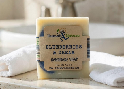 Blueberries & Cream Soap Bar in a styled lifestyle setting with Seasonal Maine logo watermark