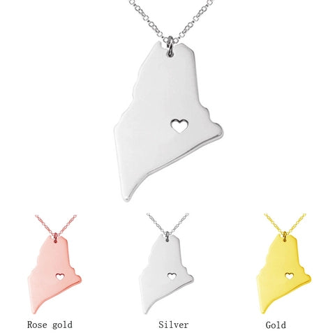 Maine State Map Pendant Necklace in silver and rose gold