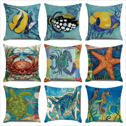 Coastal marine life linen cushion covers in assorted nautical designs